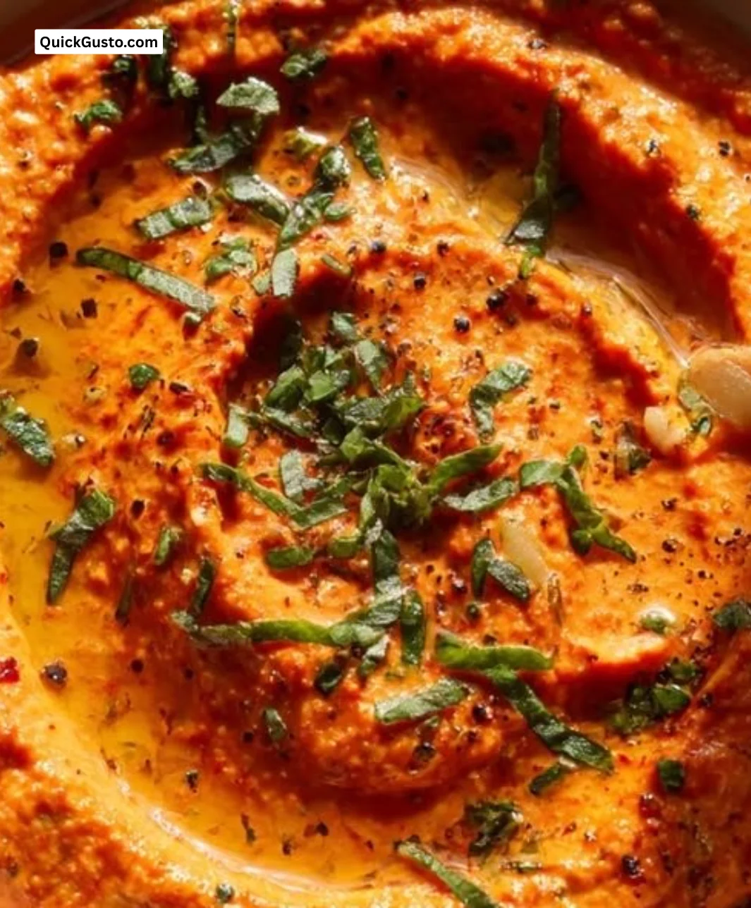 Smoky roasted red pepper and garlic sauce in a bowl, perfect for versatile dishes.