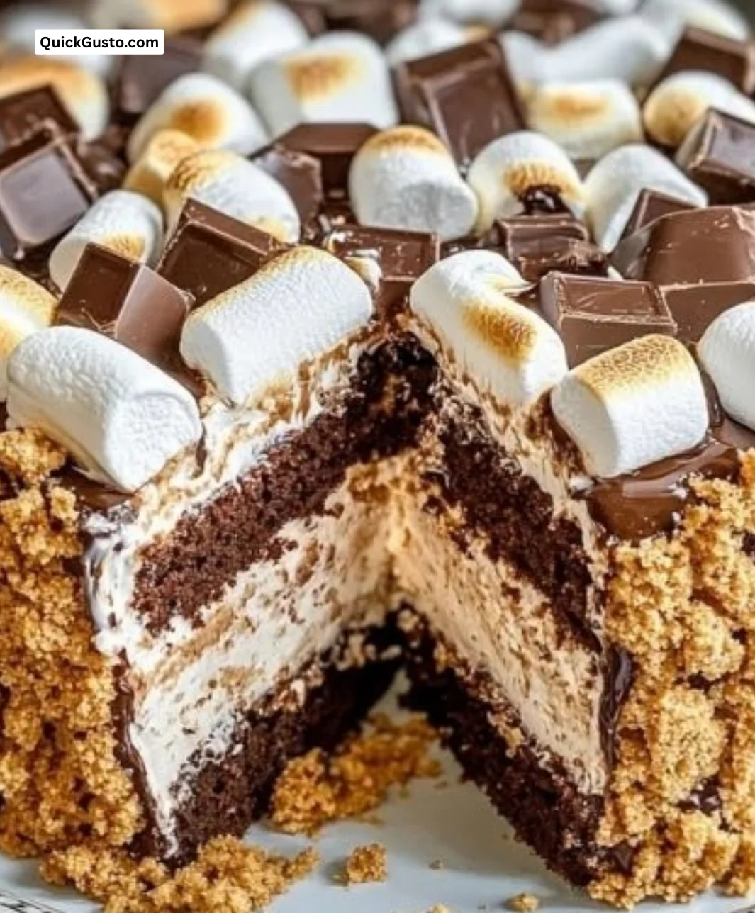 Delicious Smores Cheesecake topped with chocolate, marshmallows, and graham crackers.