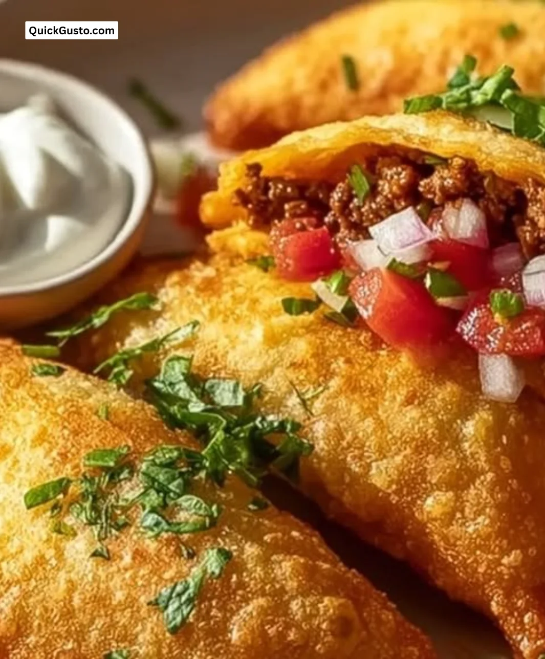 Spicy crispy beef taco pockets ready to be served at a fiesta