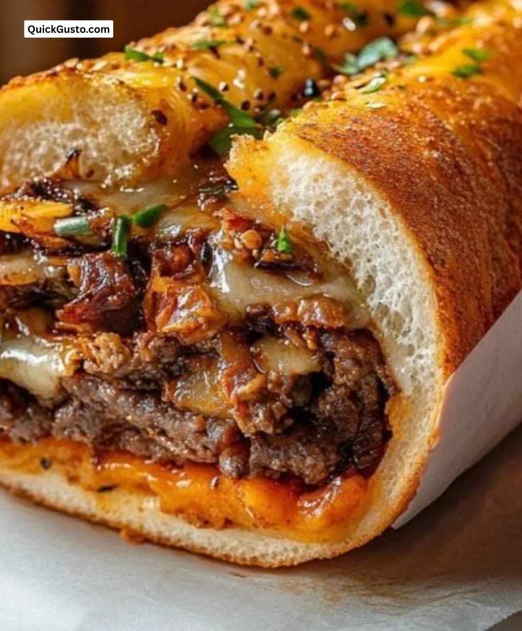 Spicy Kimchi Bulgogi Cheesesteak topped with melted cheese and fresh veggies