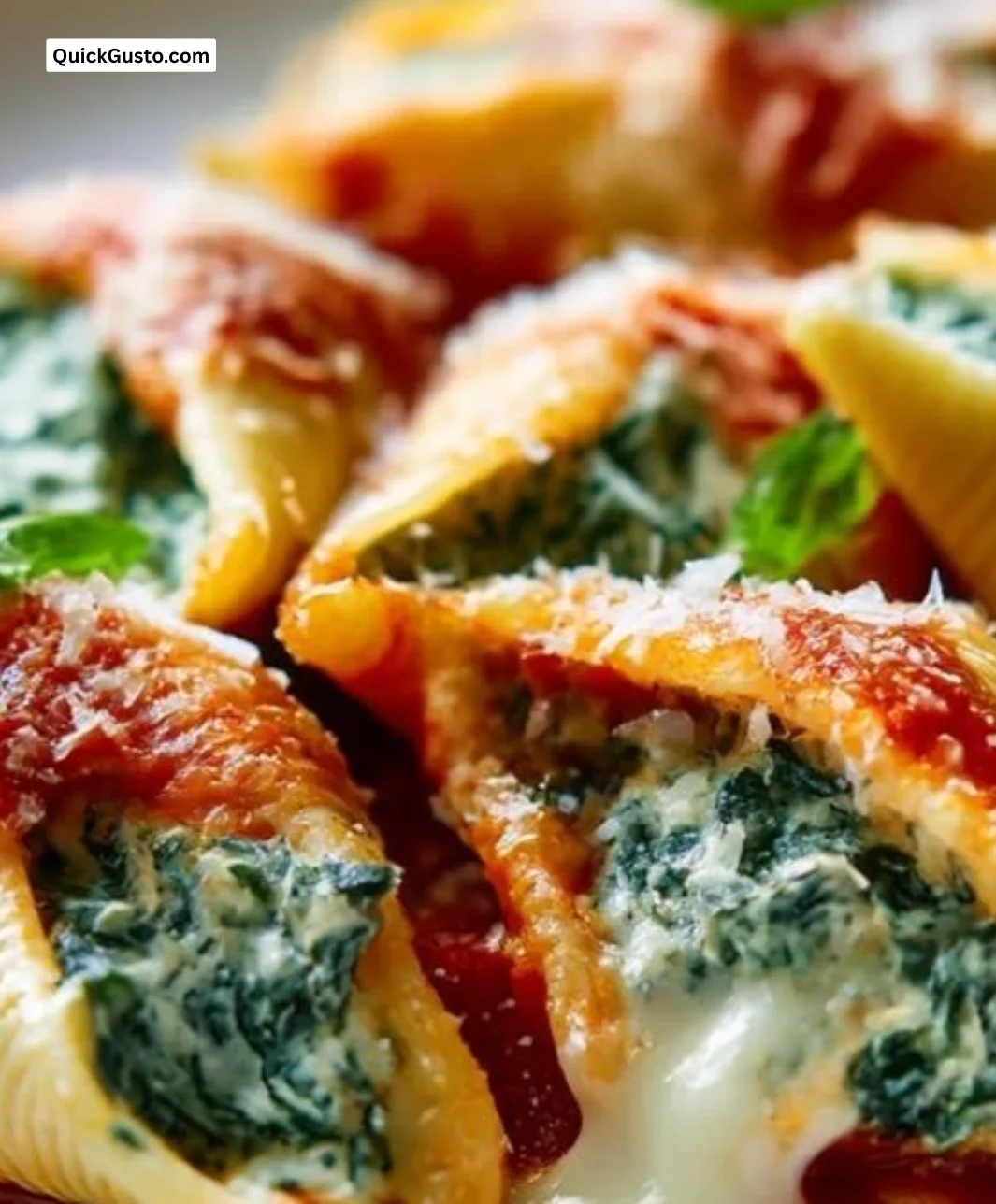 Delicious spinach ricotta stuffed shells topped with marinara sauce and cheese