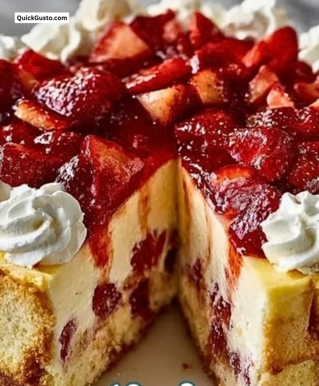 Slice of Strawberry Shortcake Cheesecake topped with fresh strawberries