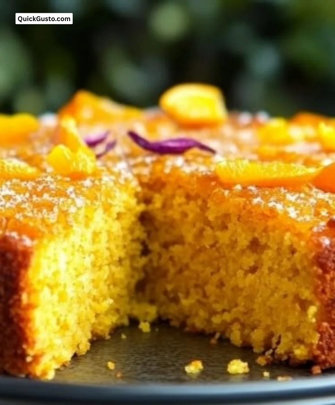 Sliced orange polenta cake on a plate with fresh oranges and greenery.