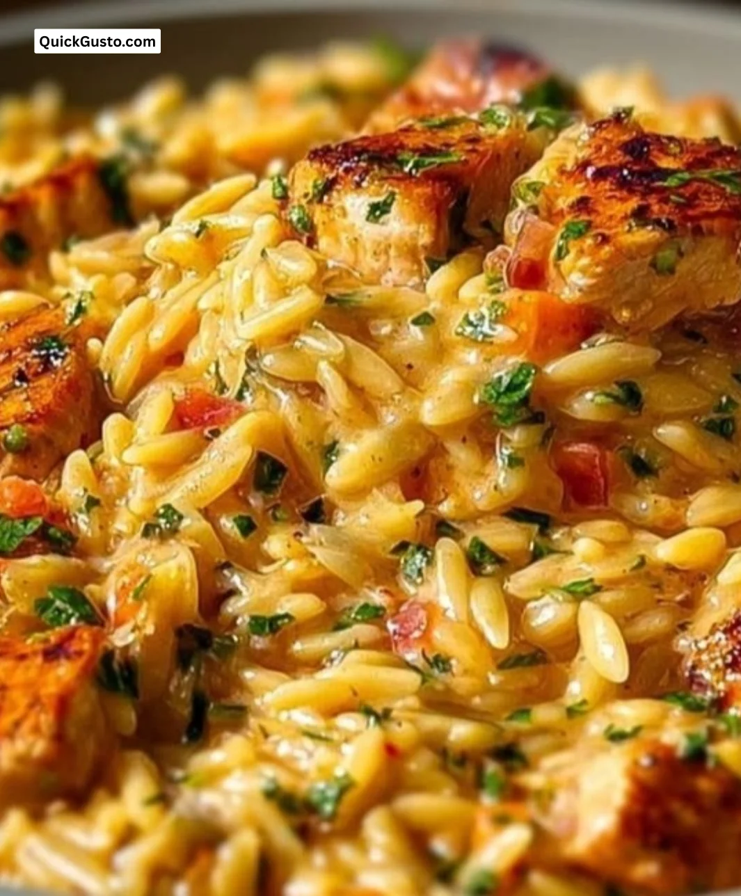Delicious one pot Cajun Chicken Alfredo Orzo in a creamy sauce with spices.