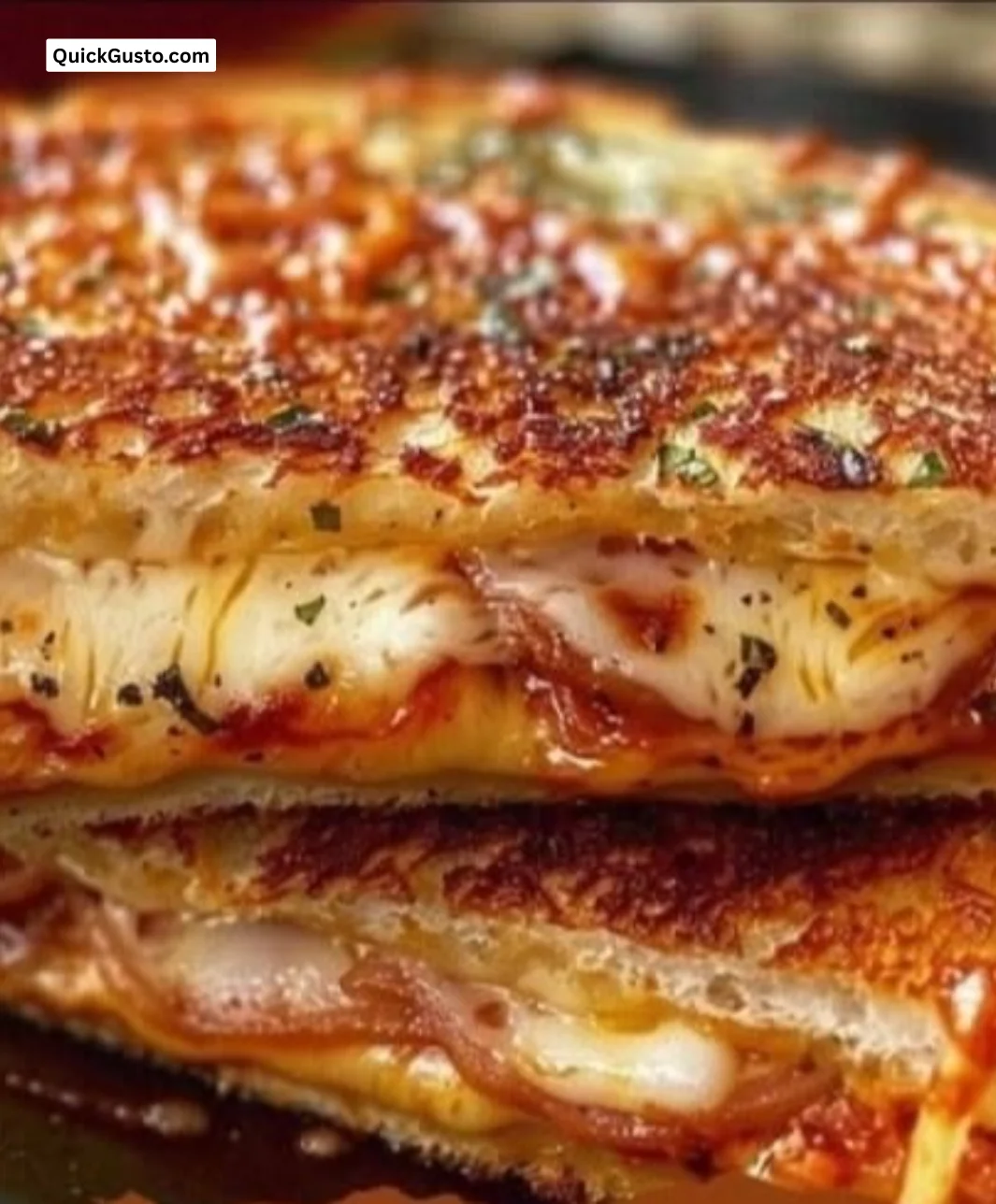 Ultimate pizza-inspired grilled cheese sandwich with gooey cheese and toppings