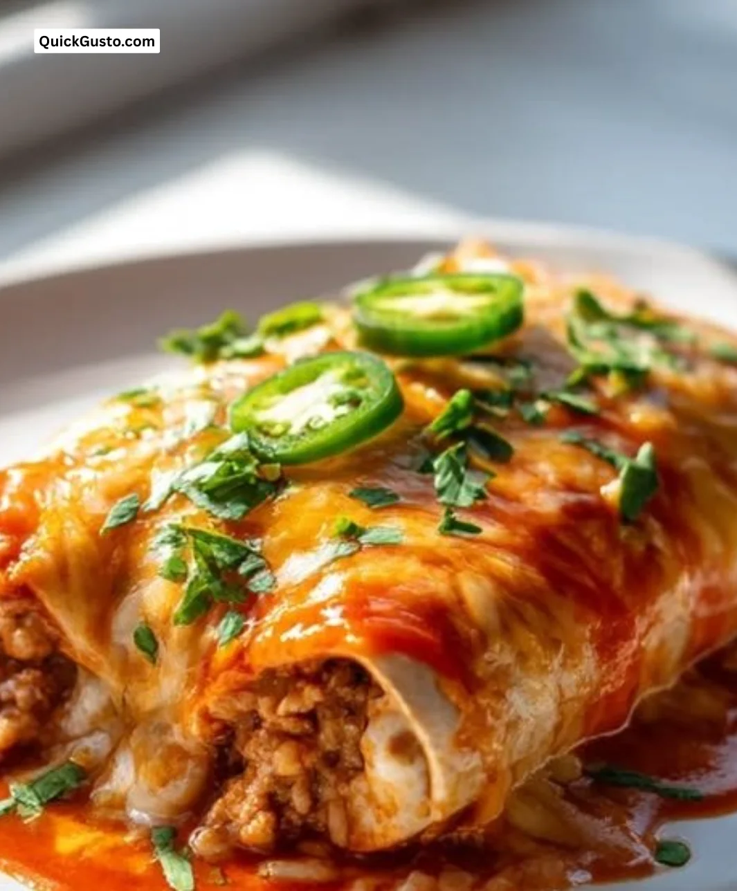 Ultimate smothered wet burrito topped with savory sauce and fresh ingredients