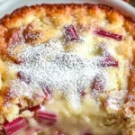 Warm rhubarb cake topped with creamy butter sauce on a plate