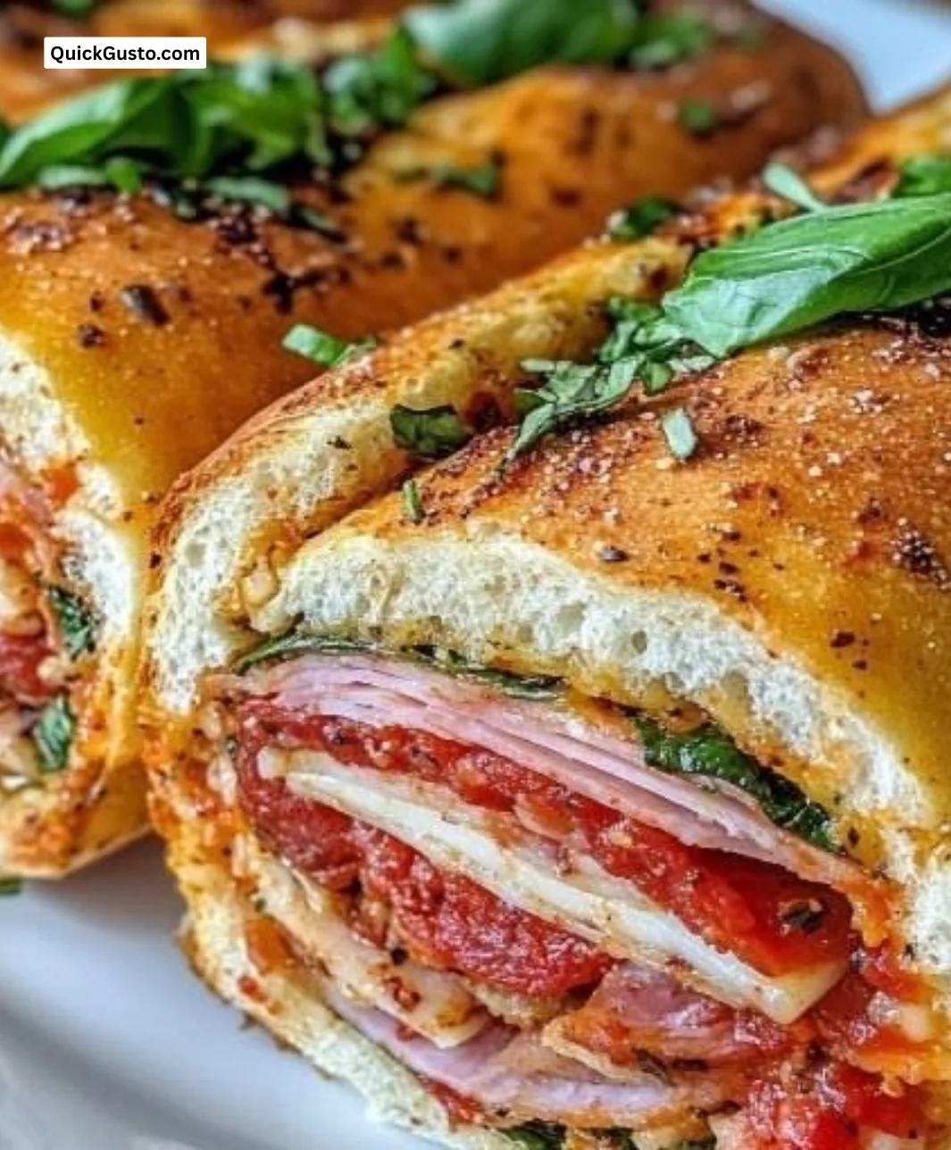 Baked Italian grinder sandwiches layered with meats and cheese, fresh out of the oven.