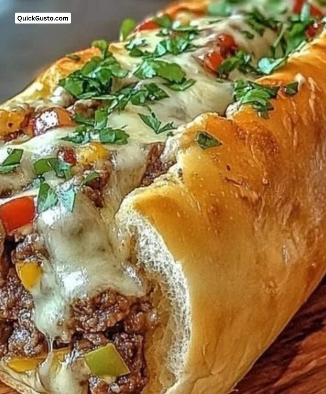 Cheesesteak stuffed garlic loaf with melted cheese and flavorful beef