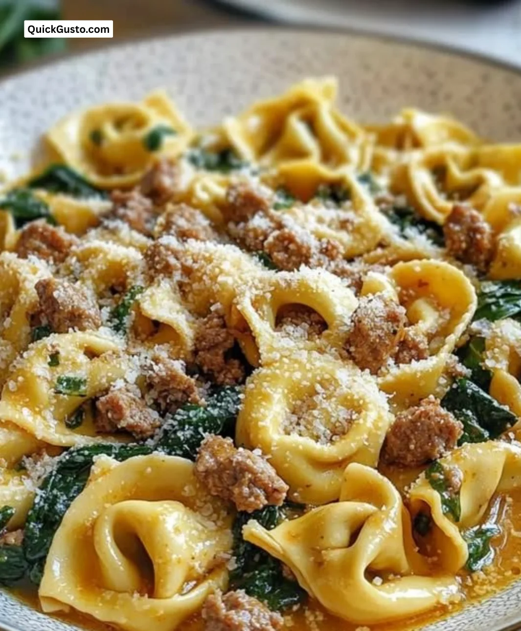 Creamy garlic butter tortellini with beef and spinach served in a bowl