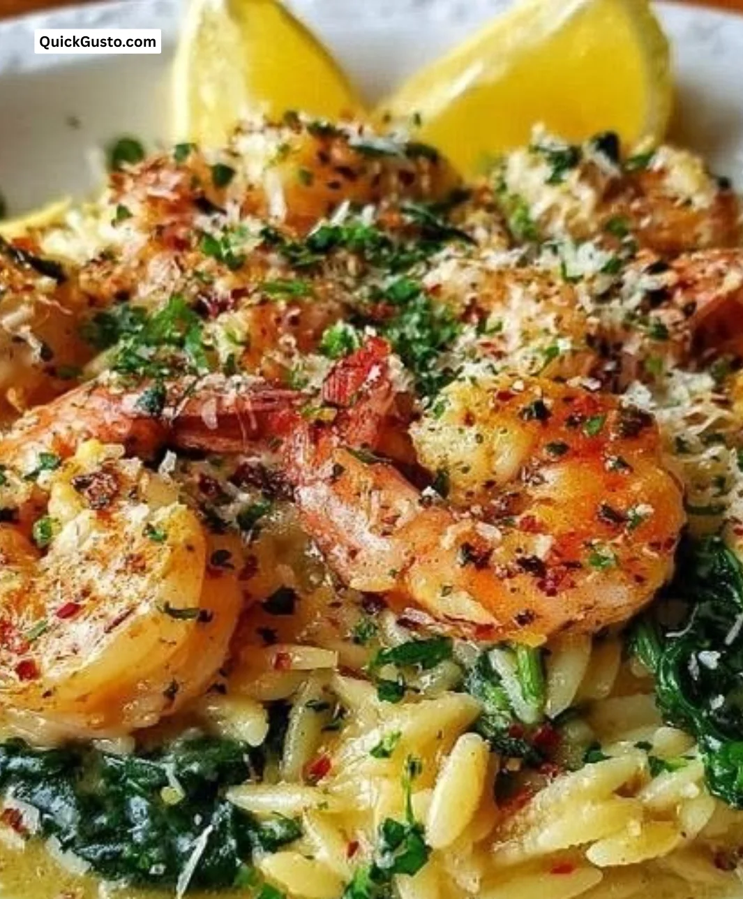 Creamy lemon garlic shrimp orzo served in a bowl, perfect for quick dinners
