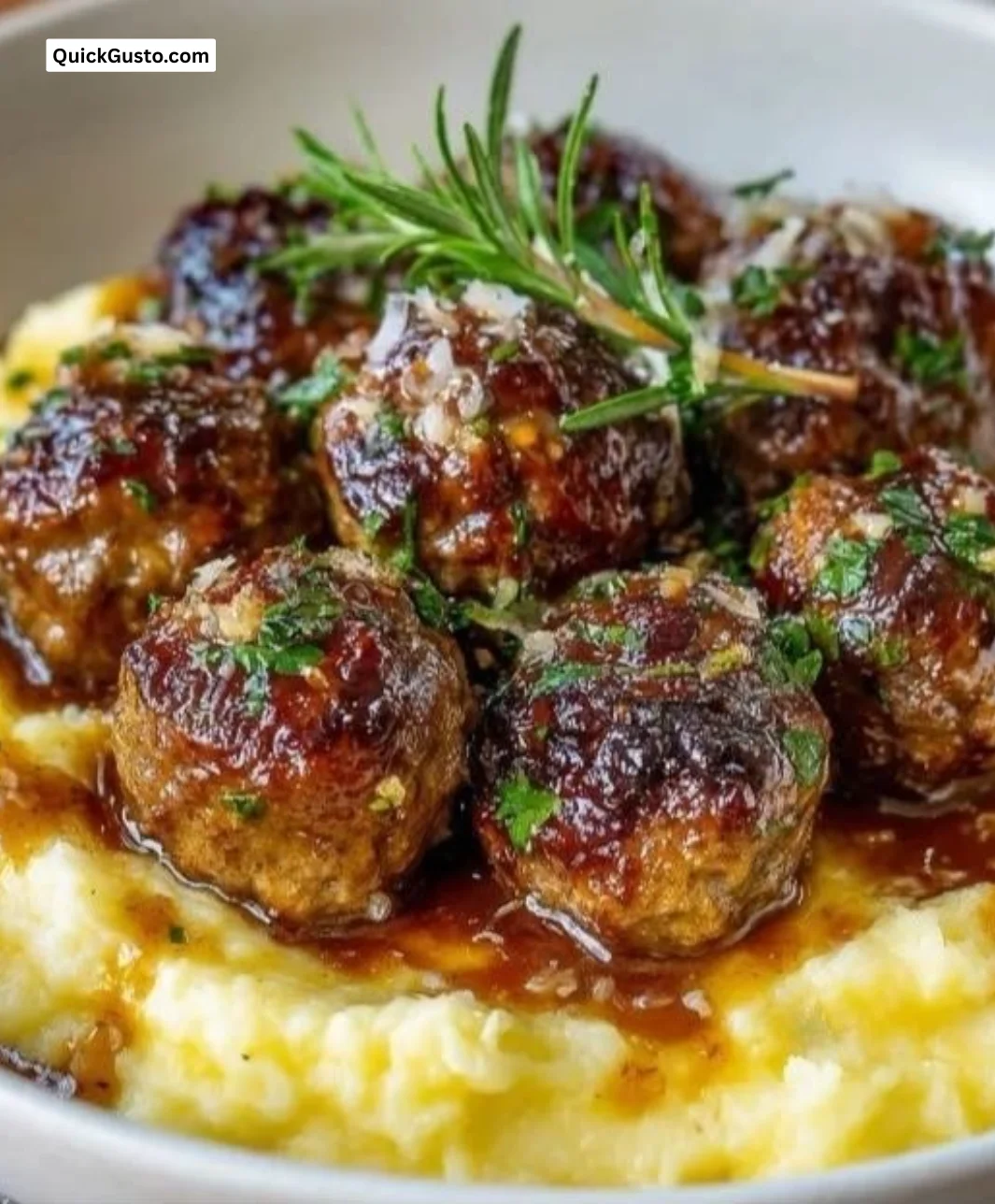 Creamy mushroom chicken meatballs served in a cozy one-pan dish.