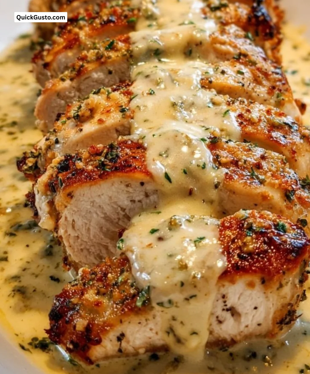 Creamy Parmesan Baked Caesar Chicken served on a plate with greens