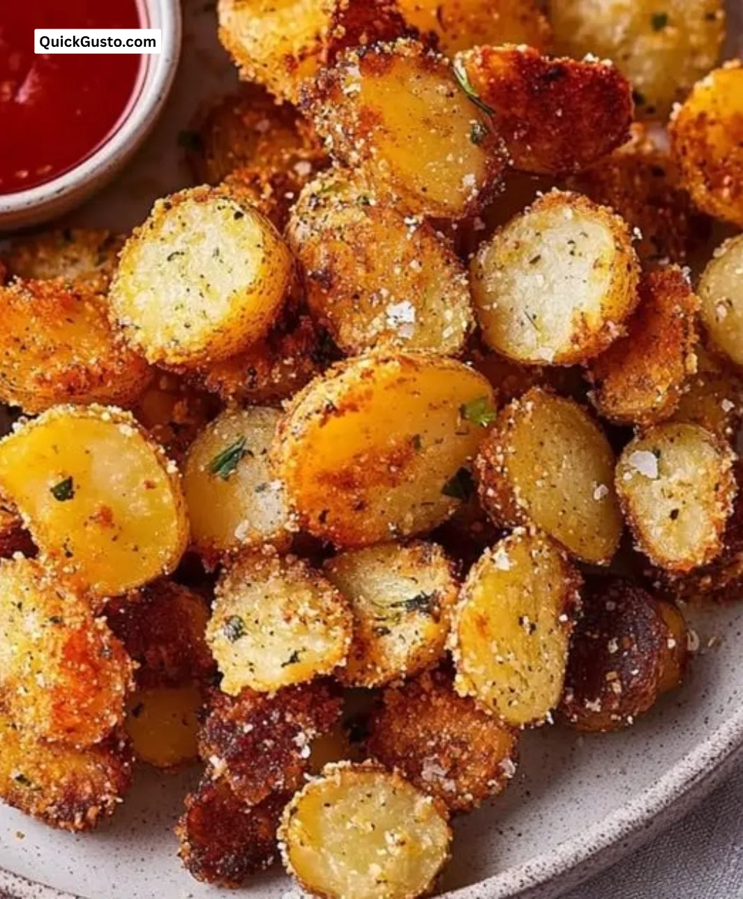 Crispy garlic parmesan potatoes served on a plate.