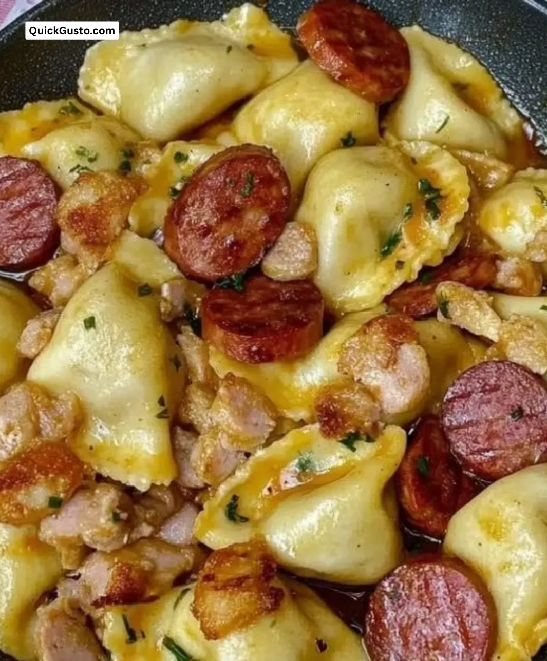 Golden crispy pierogies with kielbasa in a cozy one-pan dinner setting.