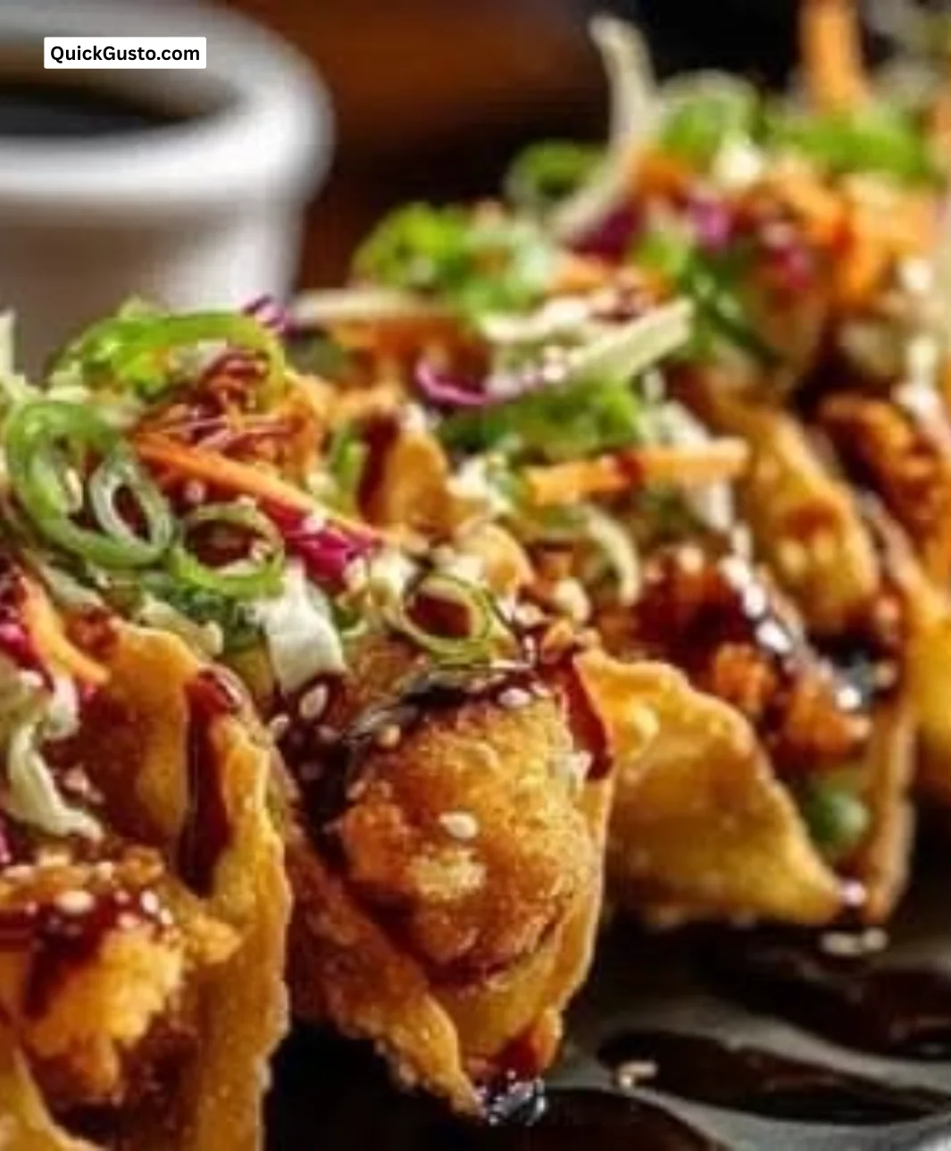 Crispy teriyaki chicken tacos served in wonton shells