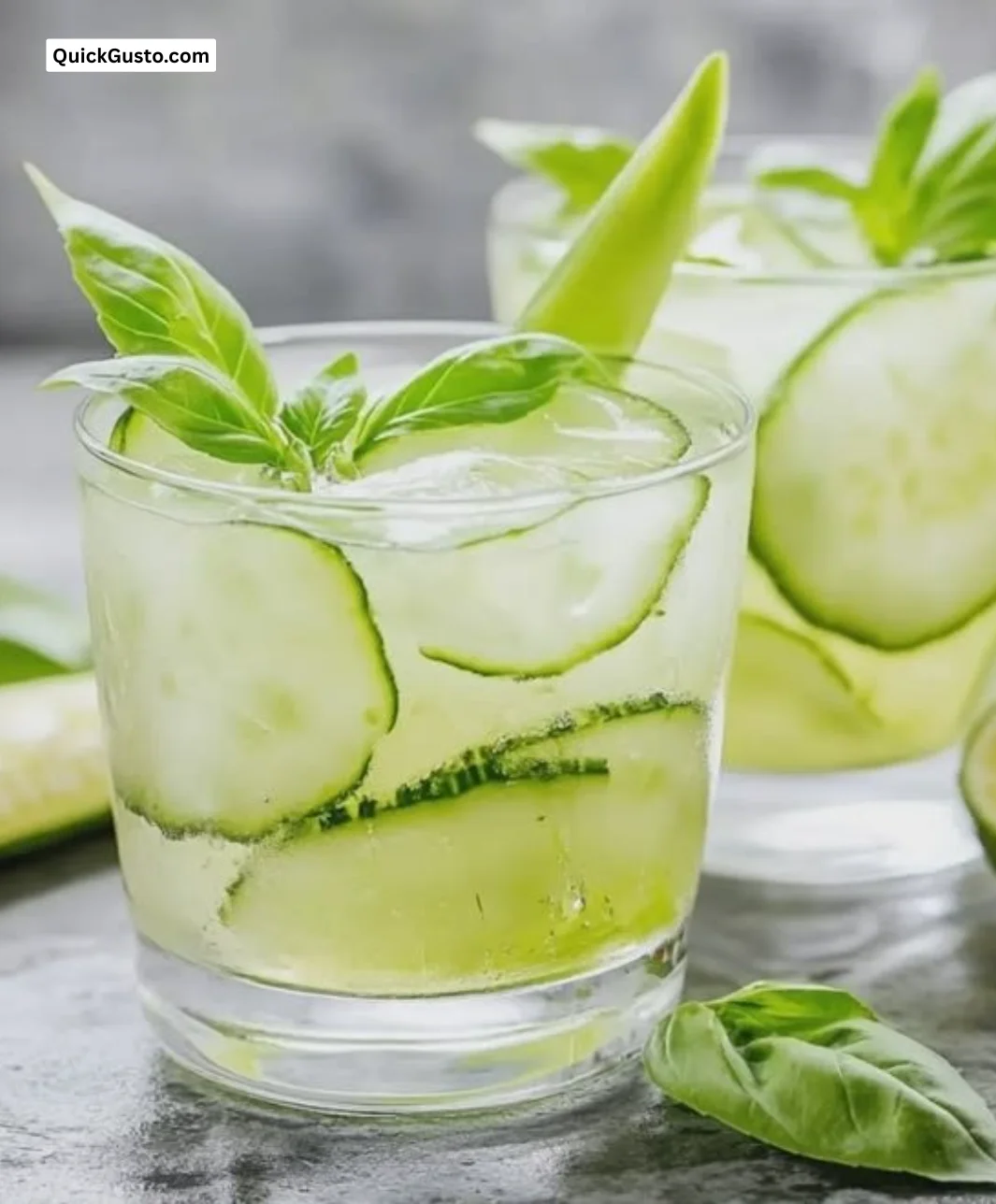 Refreshing Cucumber Basil Lime Gimlet cocktail in a glass garnished with basil.