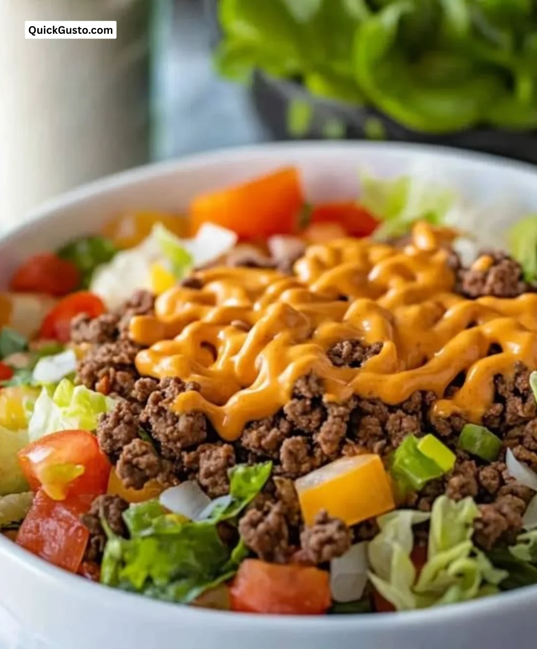 A delicious Big Mac Bowl filled with all the classic burger ingredients.