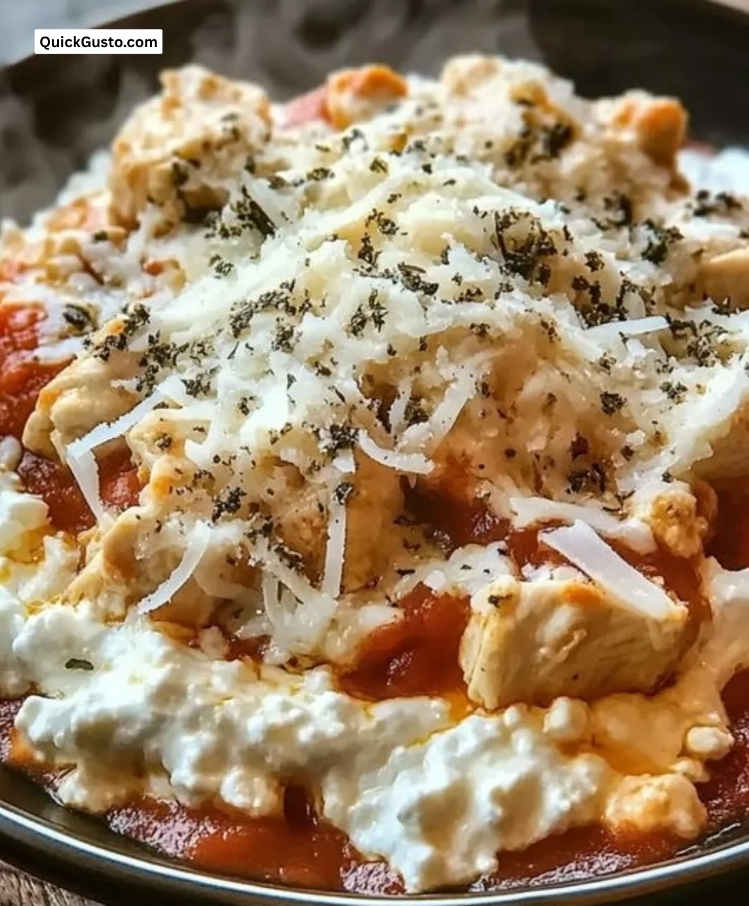 High protein chicken parm cottage cheese bowl with fresh ingredients