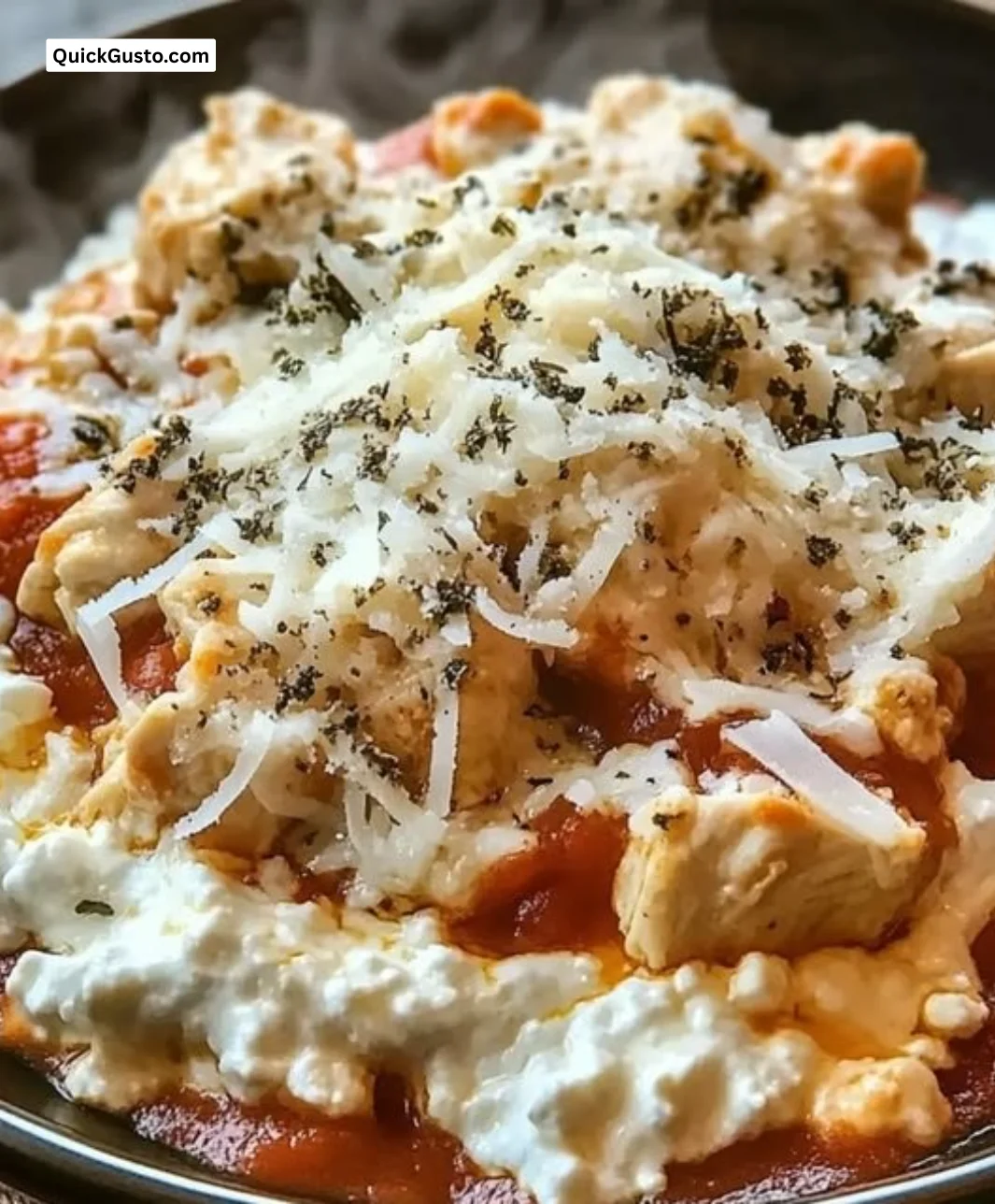 High Protein Chicken Parm Cottage Cheese Bowl with melted cheese and fresh herbs