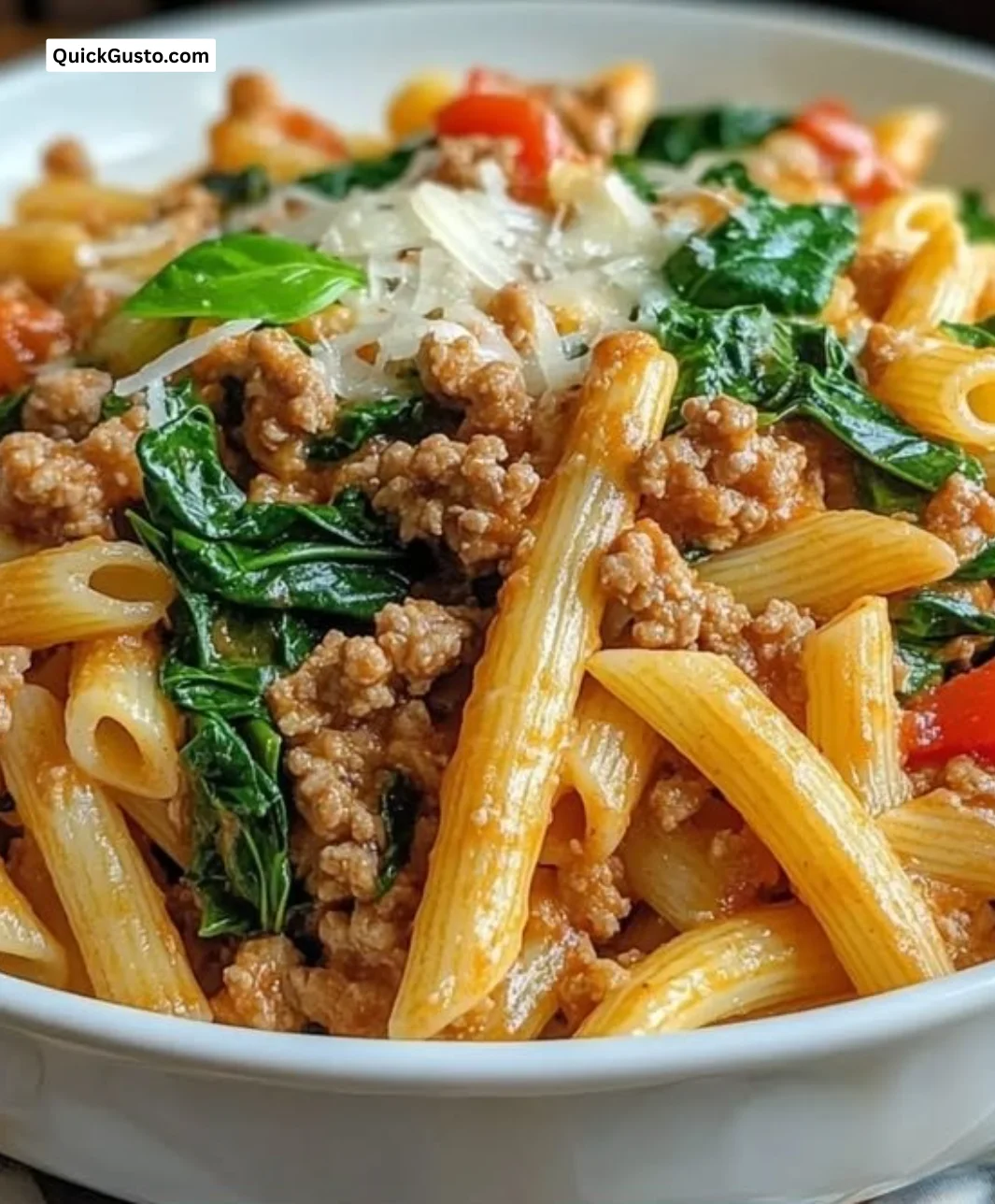 Easy one-pot pasta with ground turkey and spinach in a pot