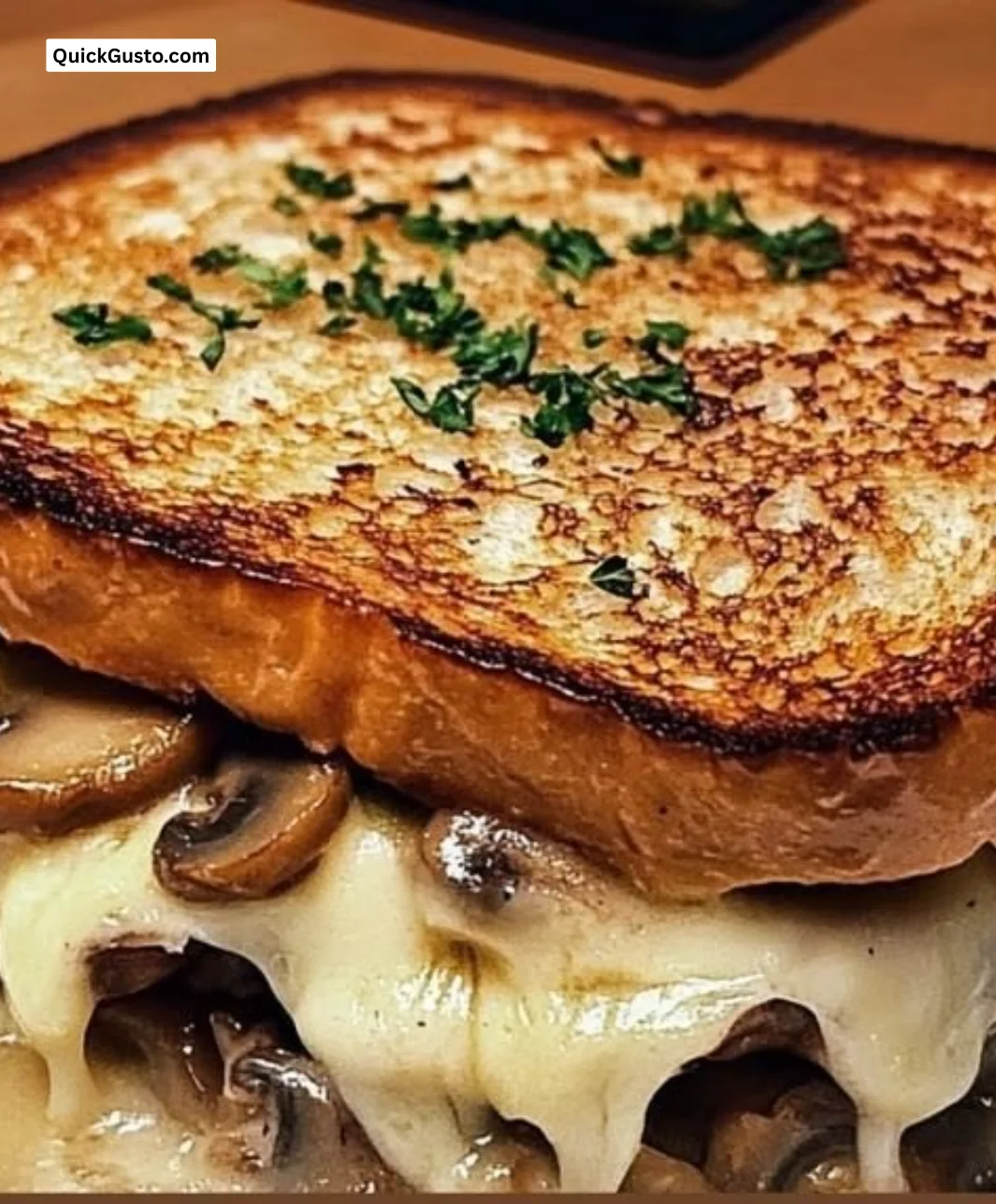 Delicious easy swiss mushroom melt sandwich with melted cheese and mushrooms