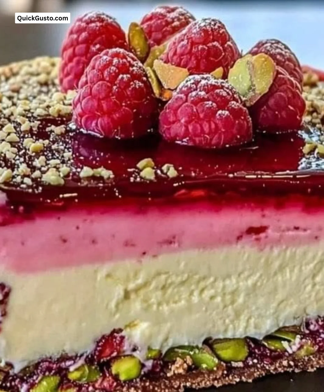 Elegant pistachio raspberry crunch cheesecake slice on a plate