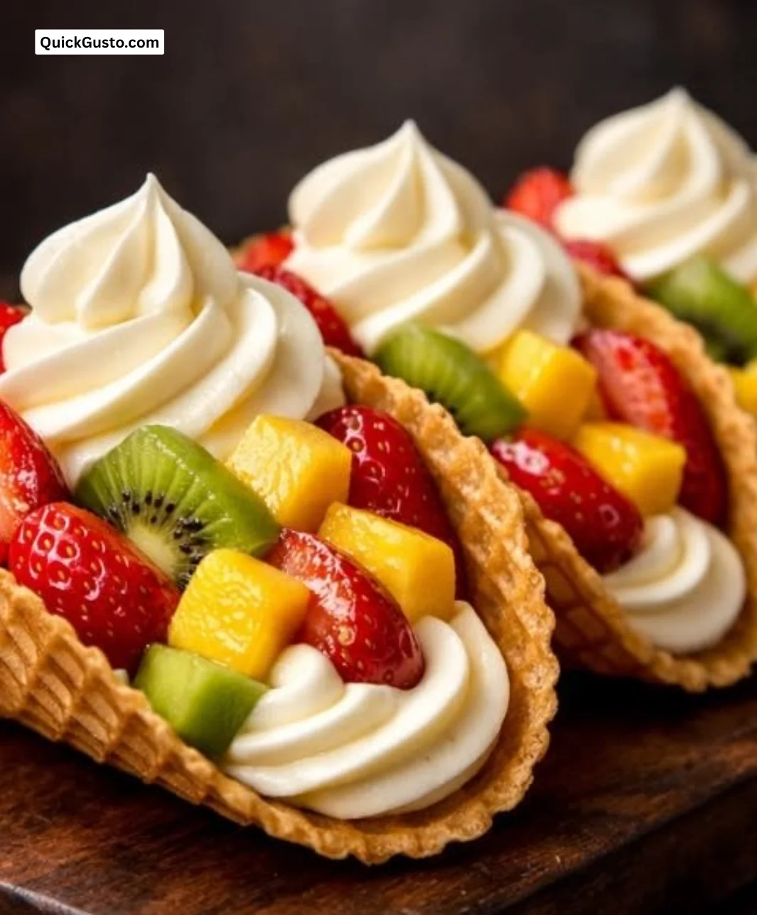 Delicious fruit tacos filled with colorful fruits and toppings