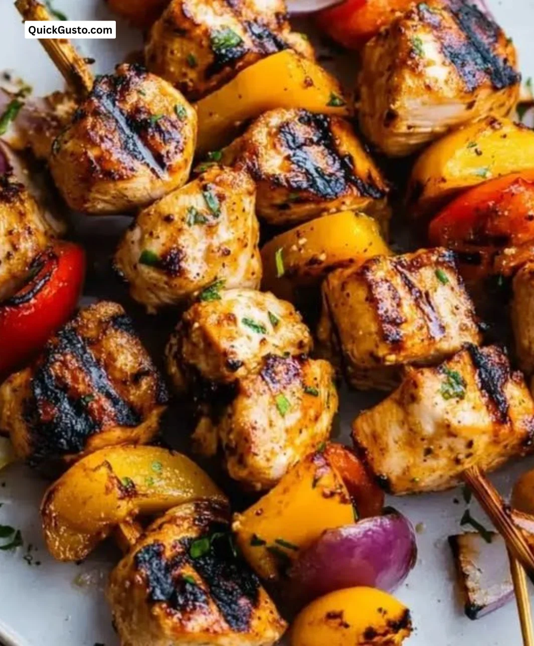 Grilled chicken kebab served with colorful veggies on a platter