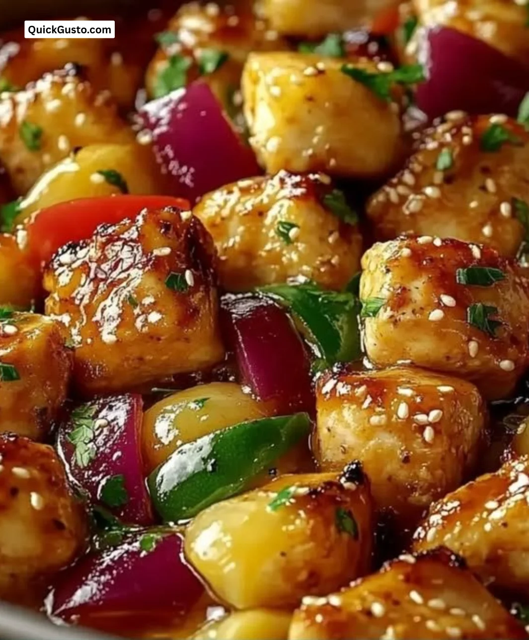 Hawaiian Chicken Sheet Pan with colorful vegetables and pineapple ready to eat