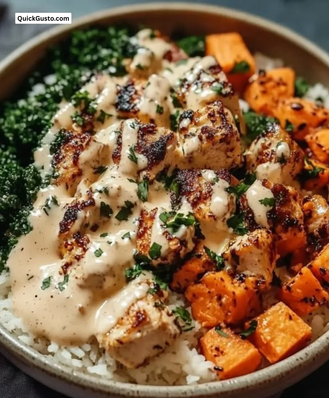 Heavenly Healthy Chicken and Sweet Potato Rice Bowl garnished with fresh herbs