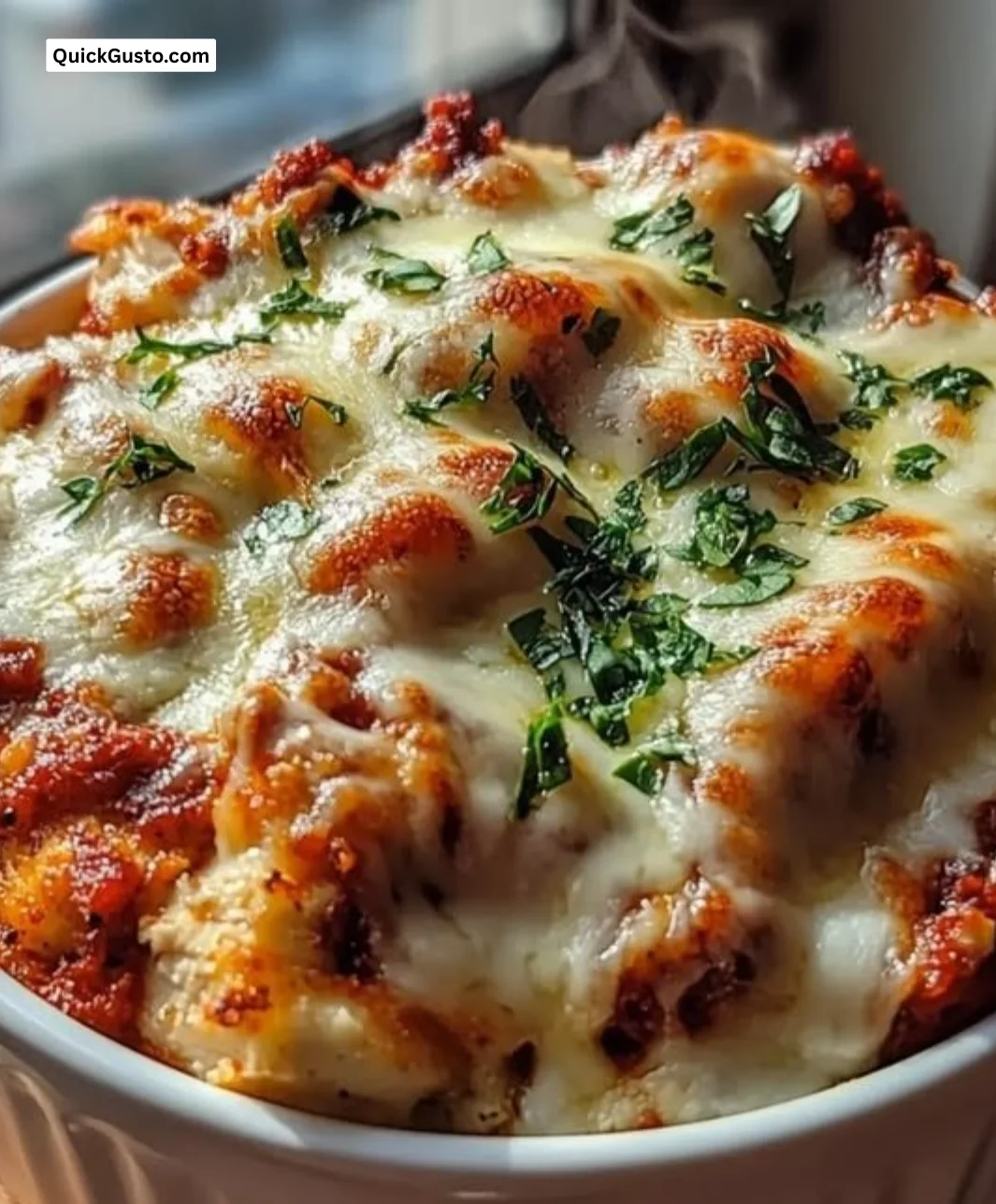 High Protein Chicken Parm Cottage Cheese Bowl topped with fresh herbs and cheese