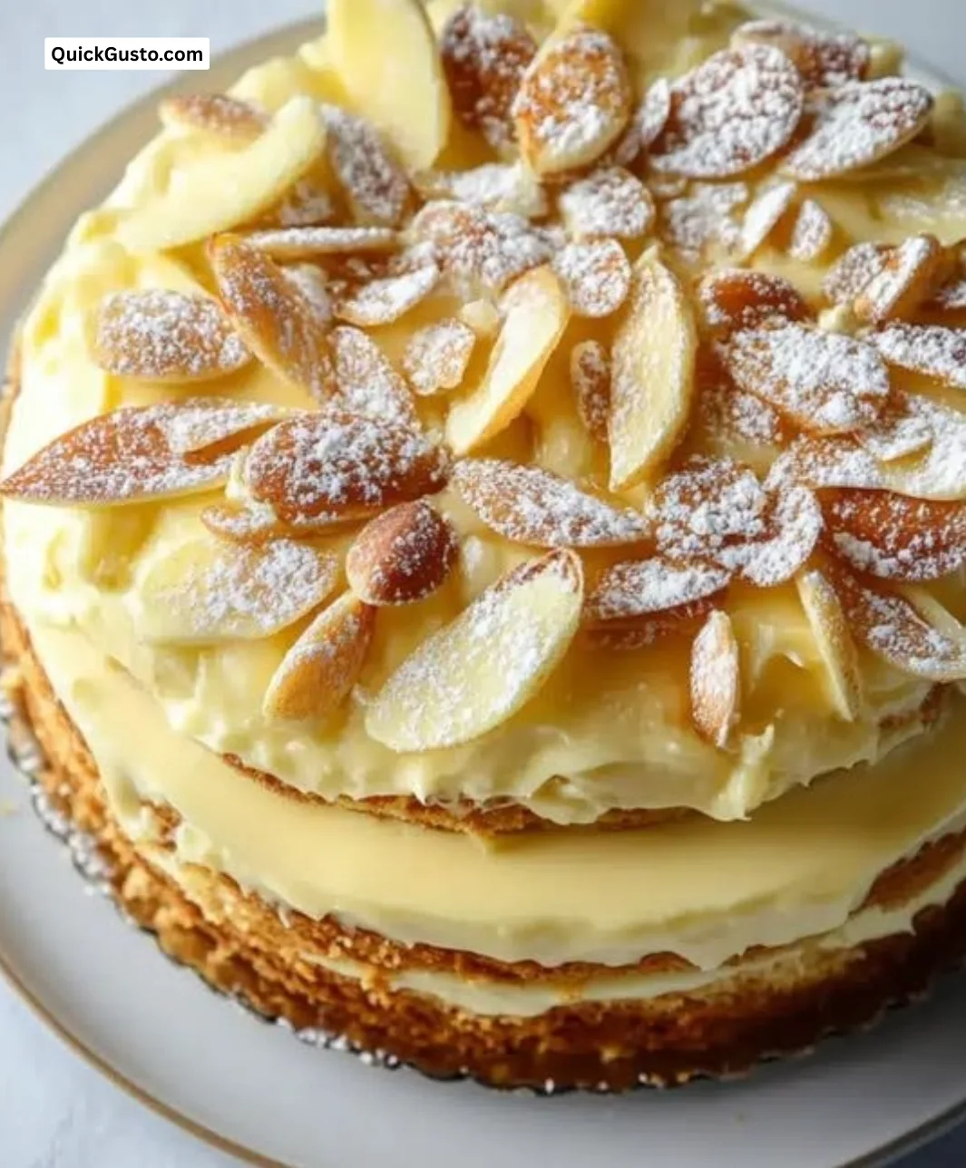 Deliciously creamy Dutch custard cake served with a slice cut out