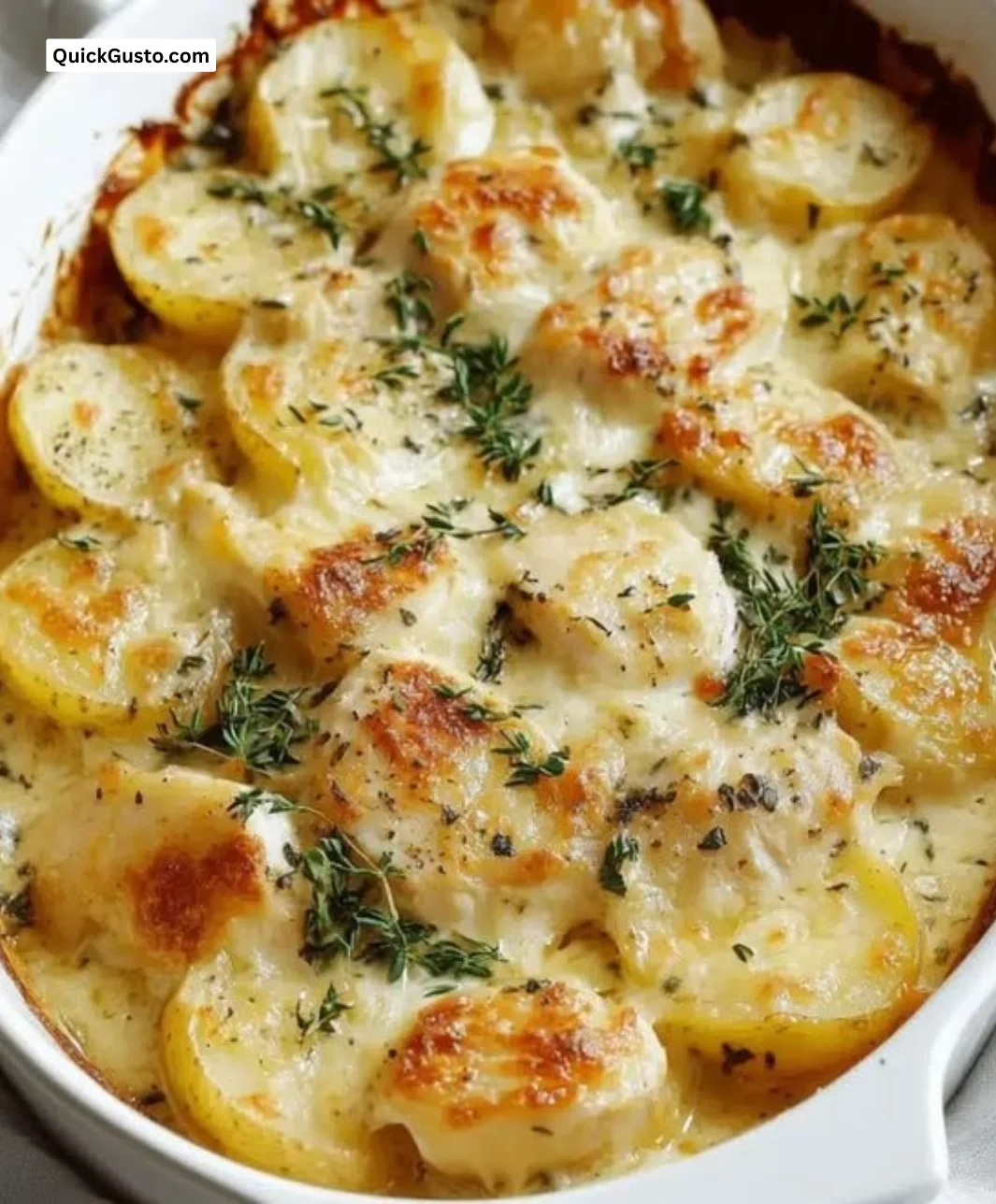 Indulgent chicken potato bake dish served in a cozy dining setting.