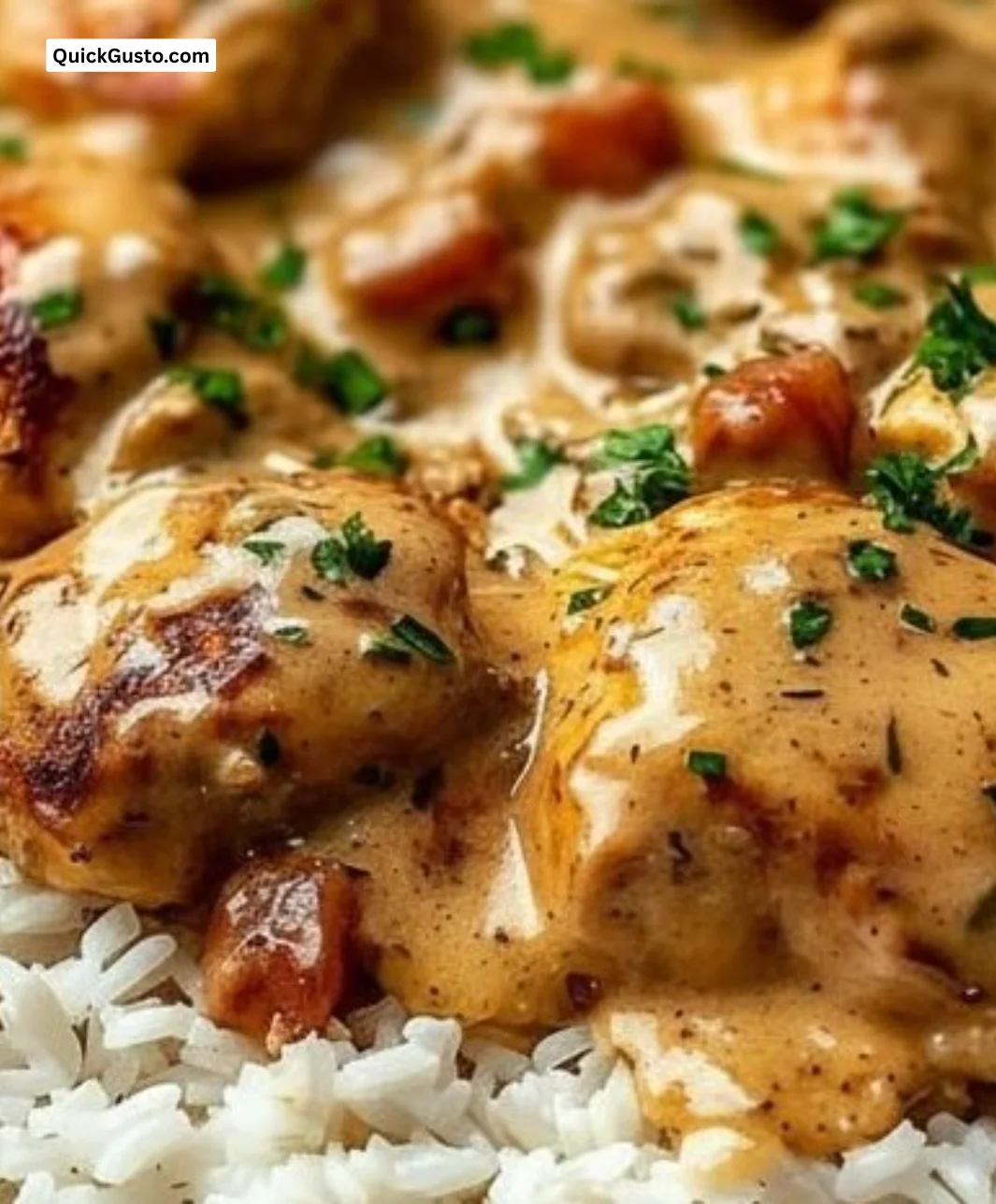 Delicious plate of smothered chicken served with rice, a comforting meal.