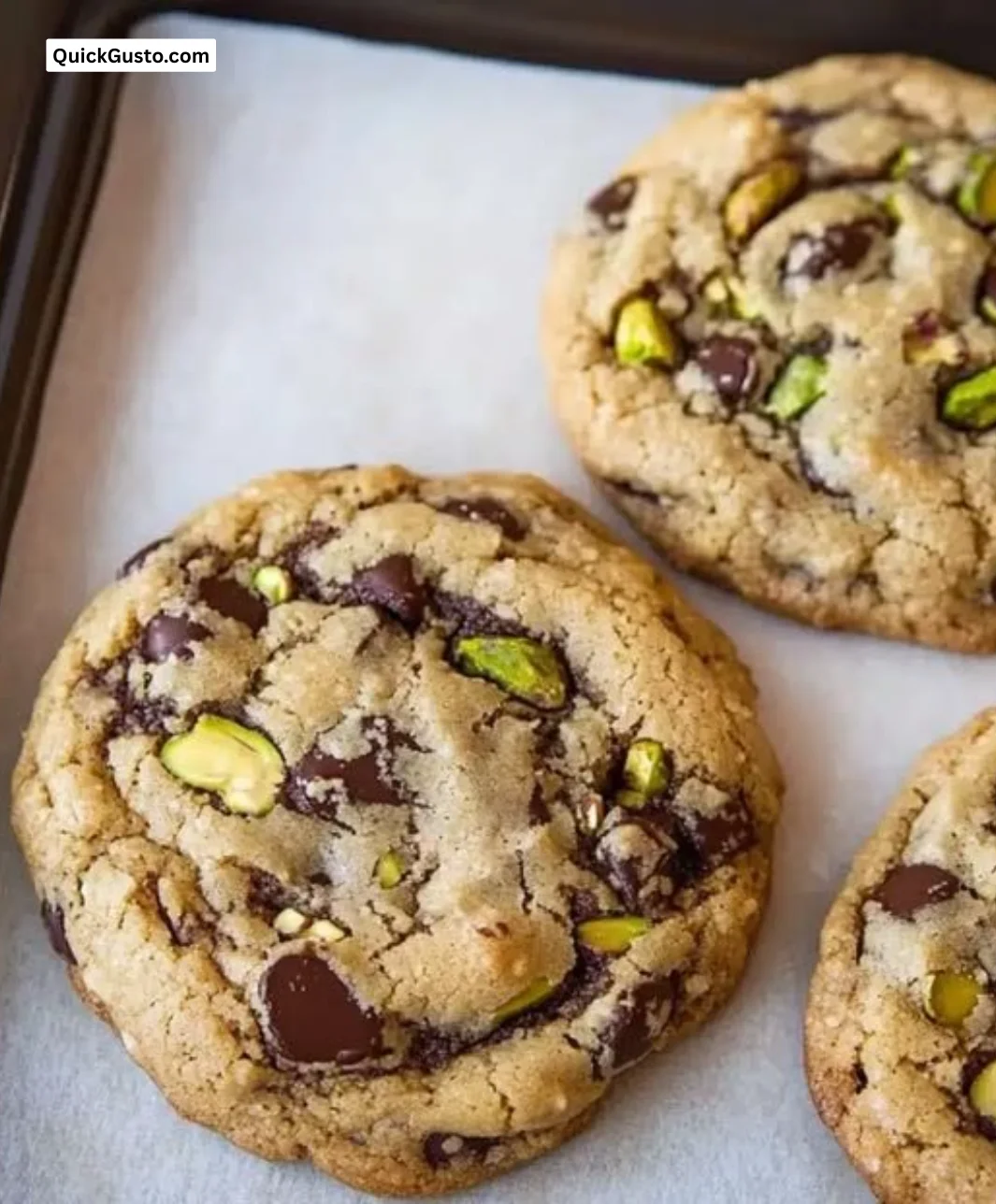 Chewy salted pistachio dark chocolate chip cookies on a baking sheet