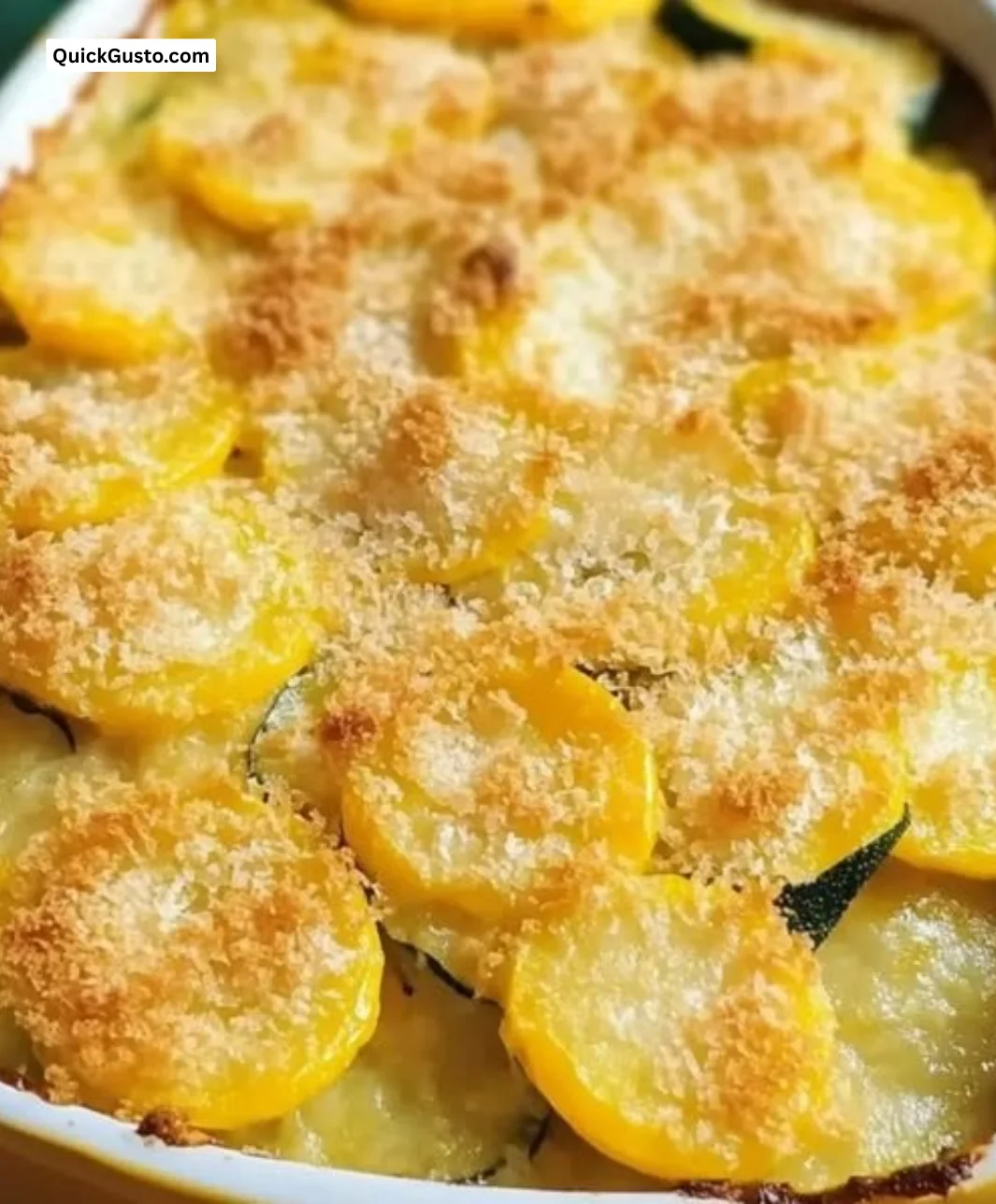 Creamy yellow squash casserole topped with cheese and breadcrumbs