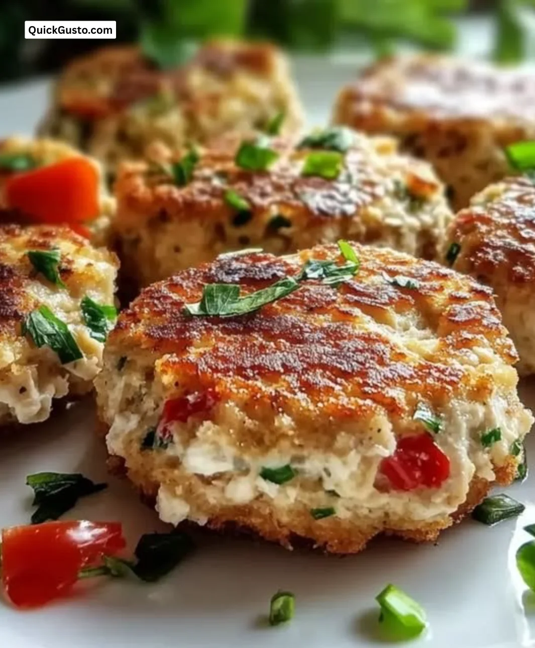 Crispy cottage cheese tuna cakes served on a plate with herbs