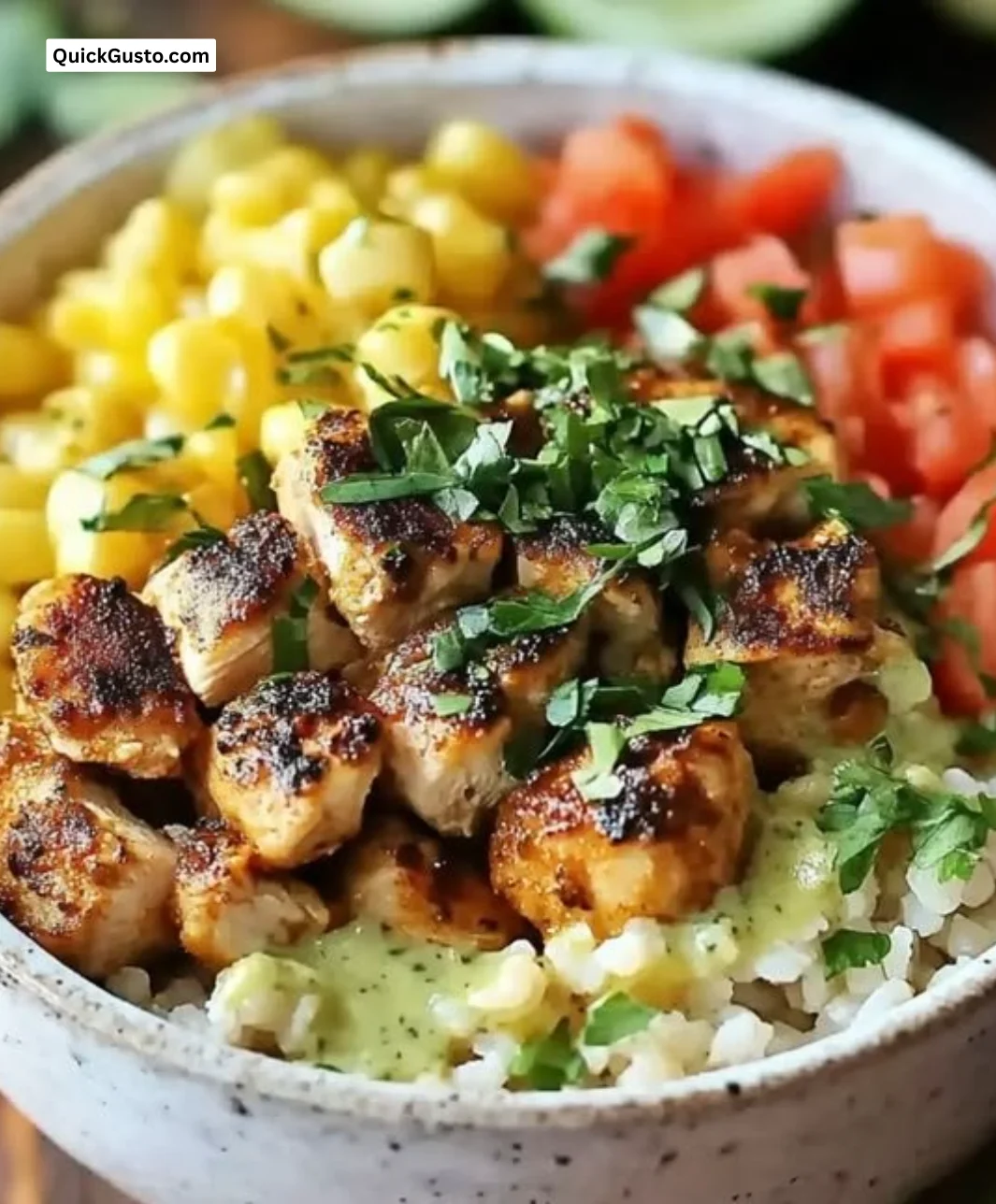High protein chicken lentil bowl with fresh ingredients served in a cozy dish