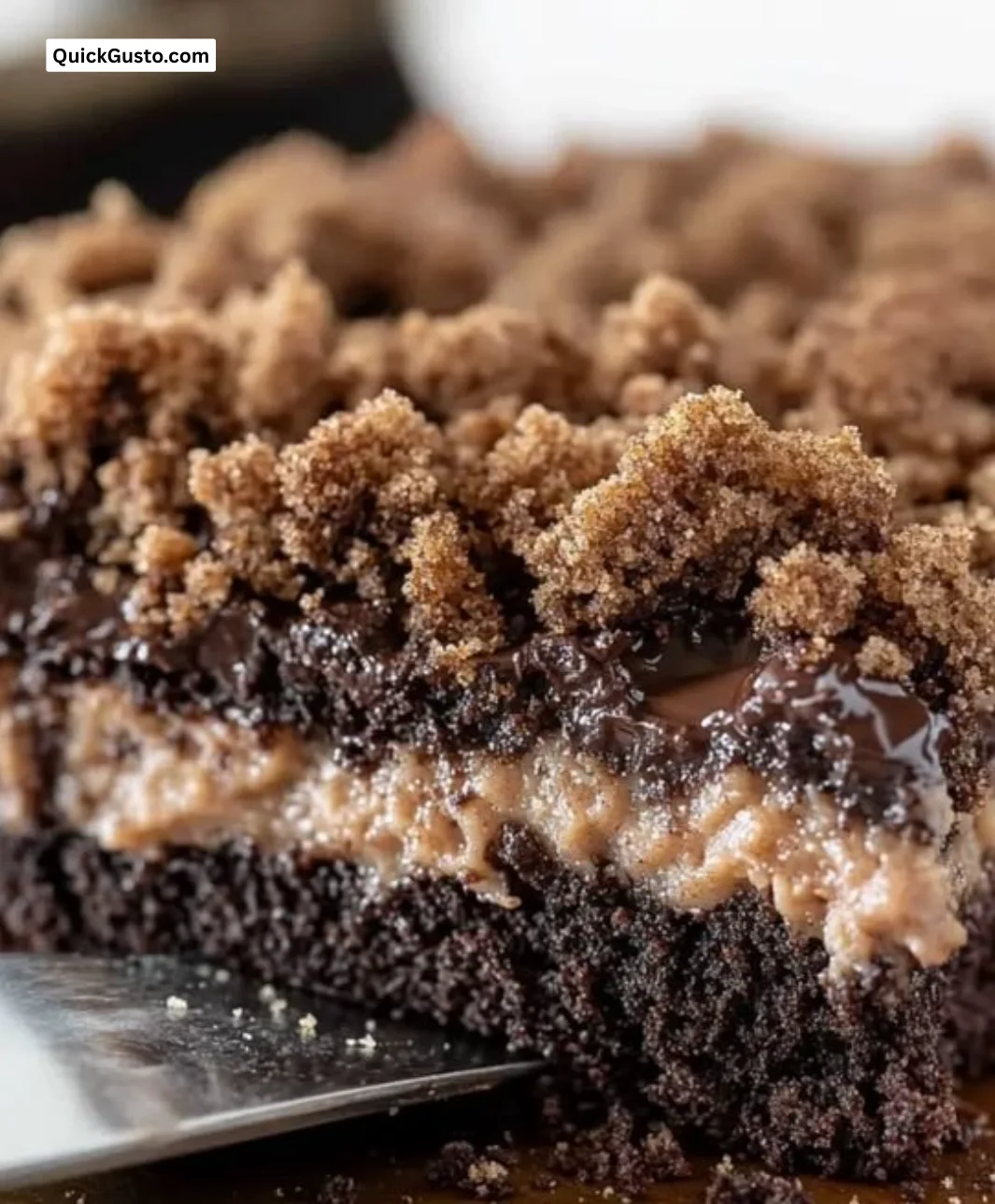 Delicious chocolate crumb cake made with cake mix on a decorative plate.