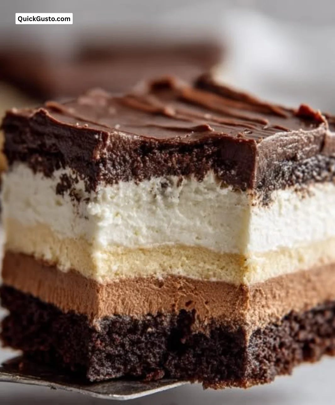 Delicious slice of Italian Love Cake with chocolate and vanilla layers.