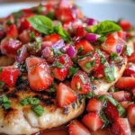 Juicy lemon chicken with fresh strawberry basil salsa on a plate