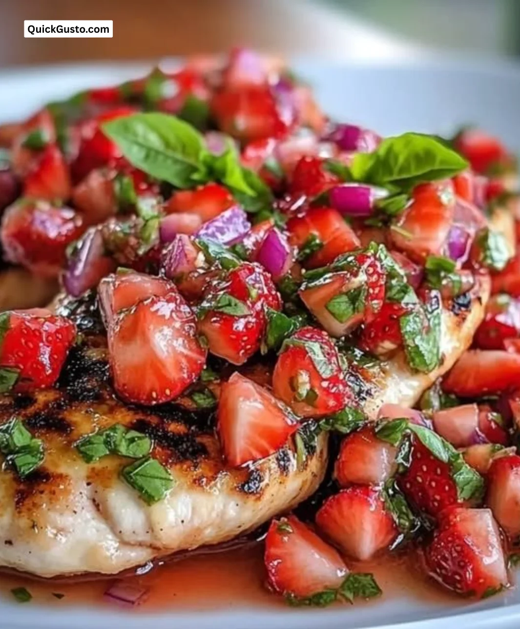 Juicy lemon chicken with fresh strawberry basil salsa on a plate