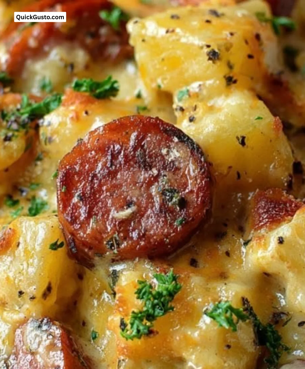 Cheesy Kielbasa sausage potato casserole served in a warm bowl