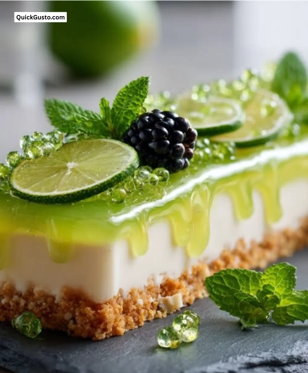 Delicious lime mousse cheesecake with a vibrant lime glaze topping