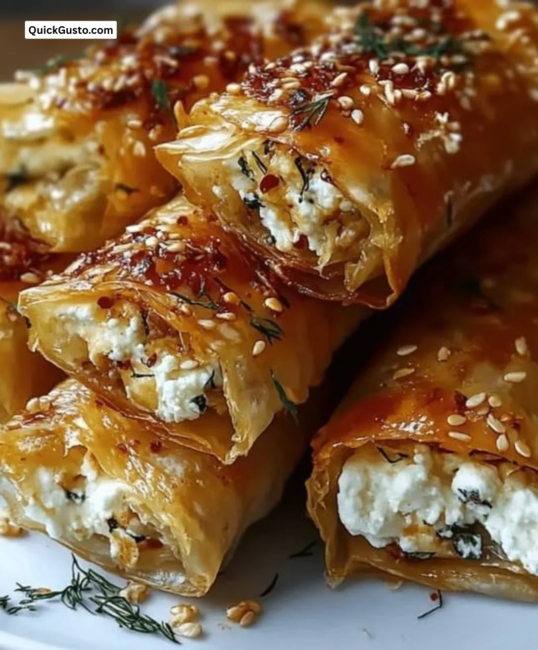Chili honey drizzled over feta rolls ready to serve