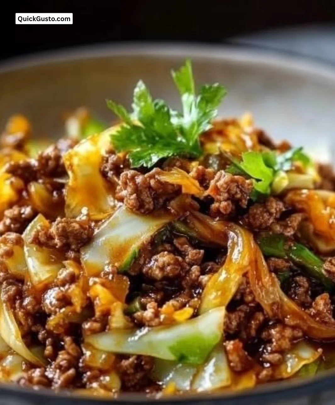 Delicious plate of Mongolian Cabbage with Ground Beef served in a bowl