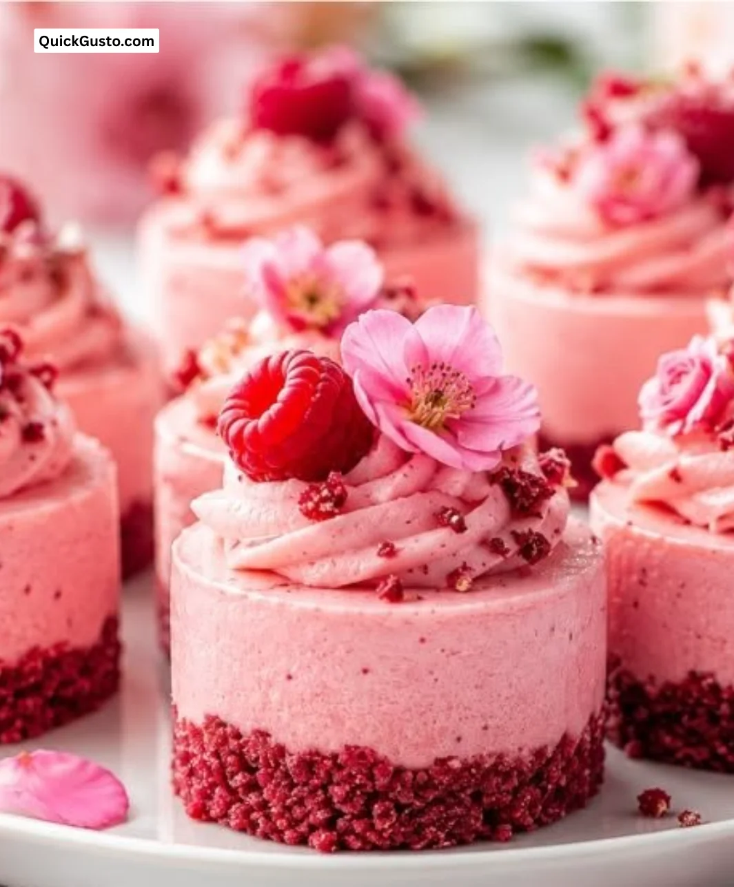 Pink Velvet No-Bake Cheesecake Bites served on a white plate