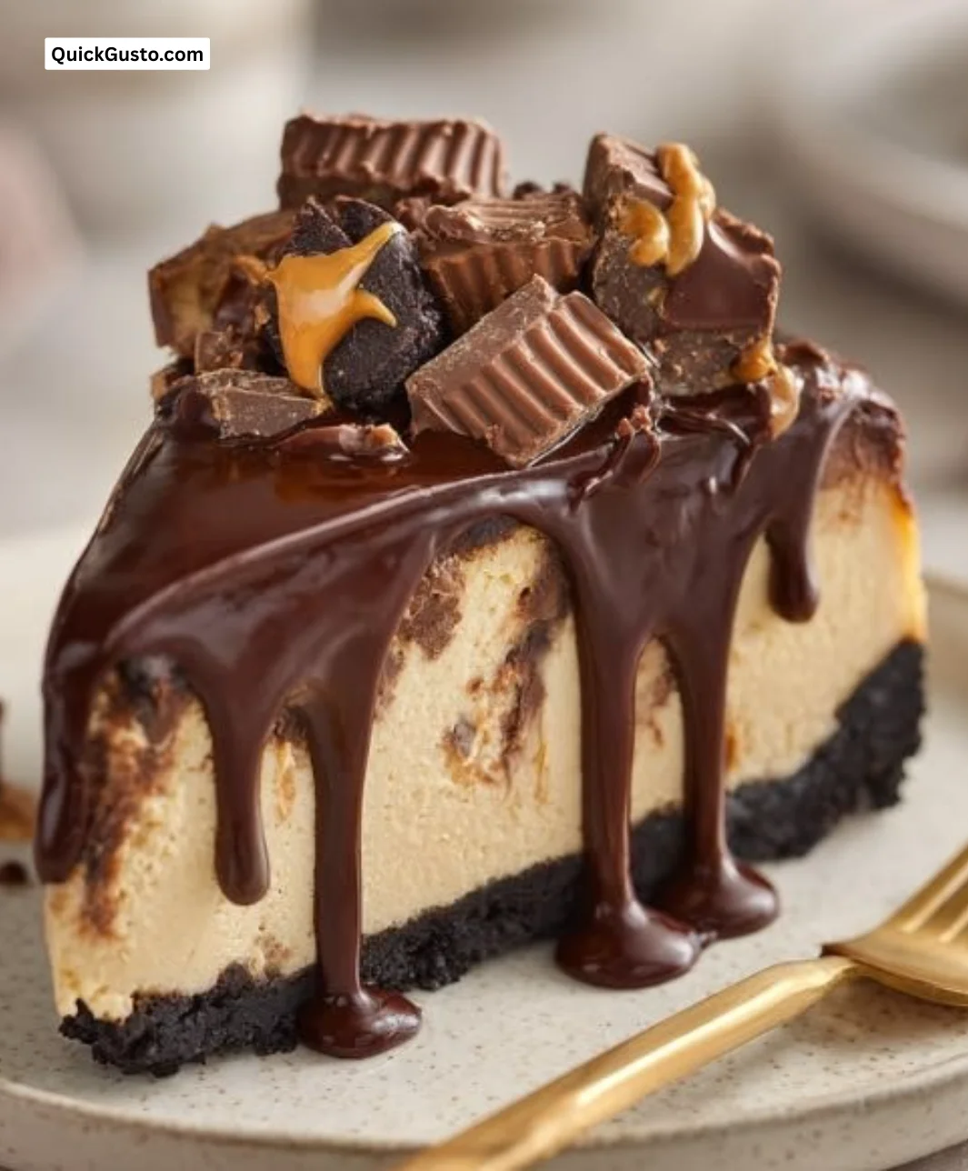 Creamy no-bake Reese's peanut butter cheesecake topped with chocolate