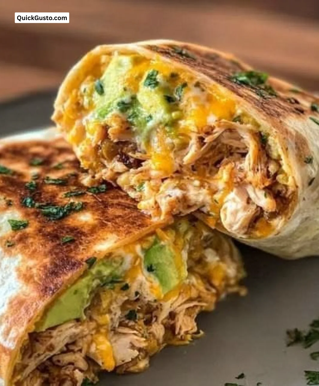 Savory chicken burritos with avocado ranch sauce wrapped in a tortilla